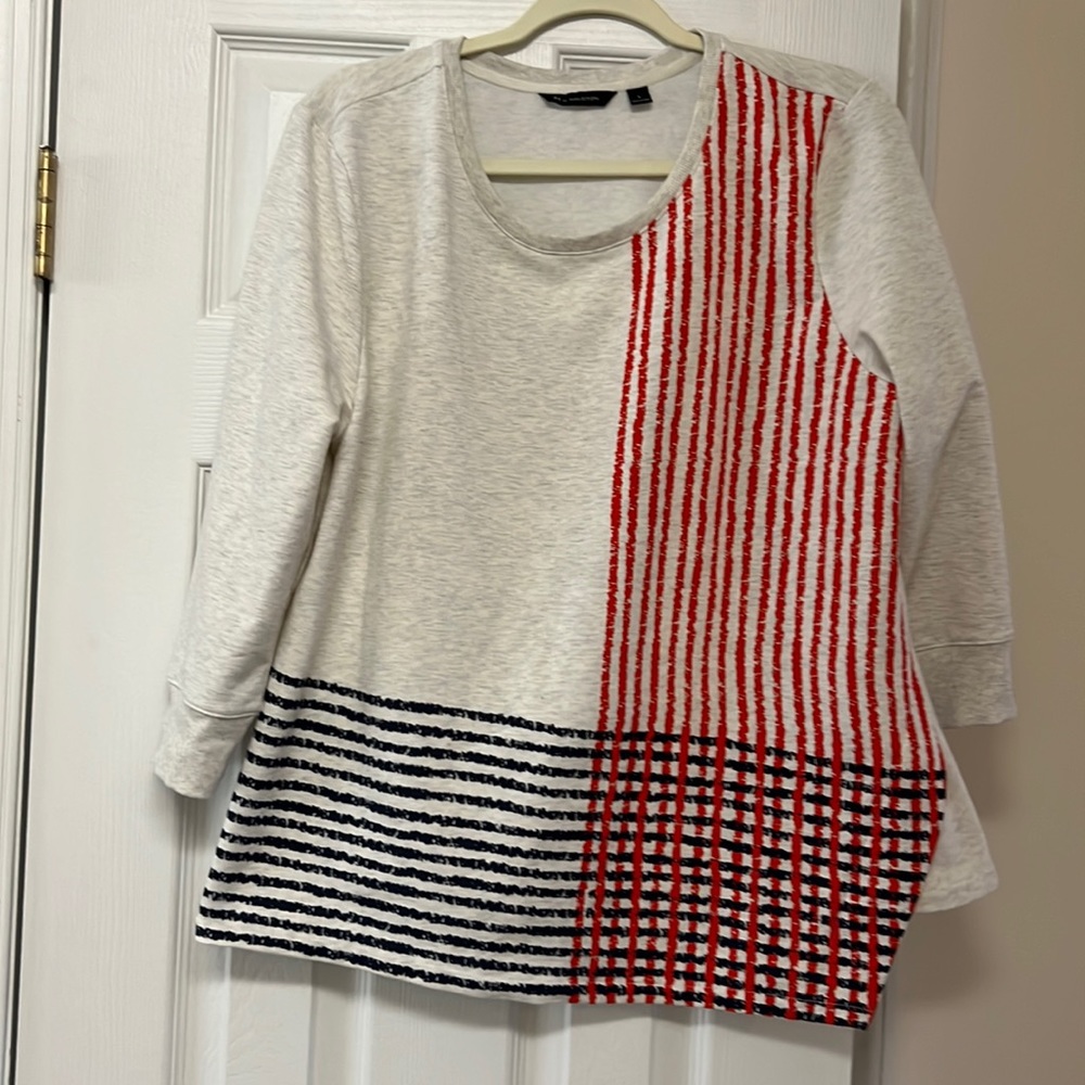 Halston top red very light grayish & blue cool flattering slanted hem L $14